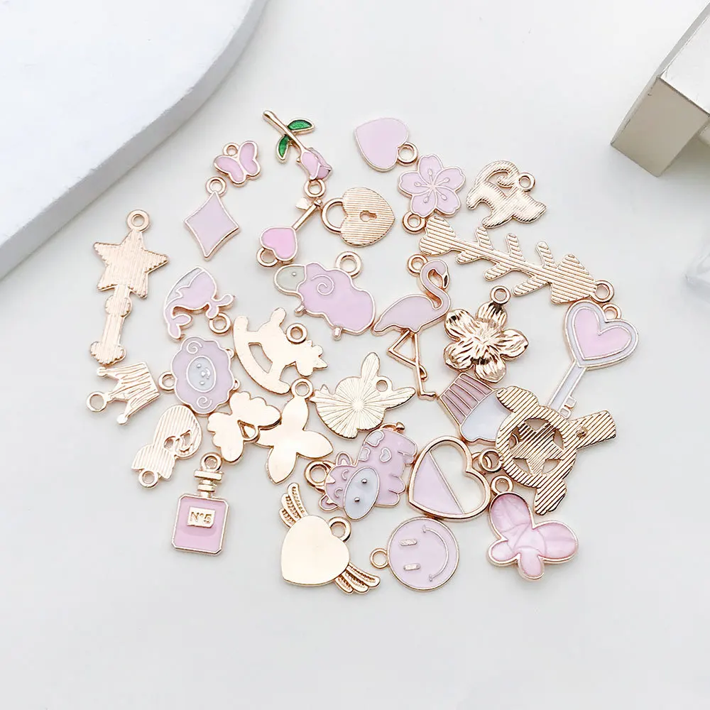 10PCS Pink Drip Oil Color Alloy Enamel Cute Heart Flower Animal Charms Pendant For Dly Earrings Bracelet Jewelry Accessories