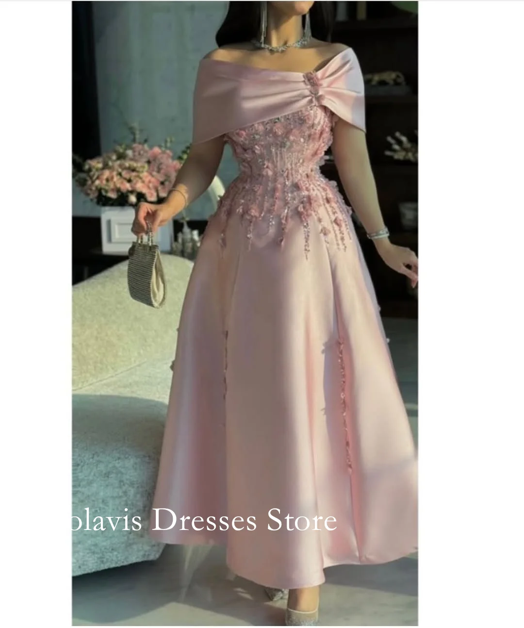 

2025 Customized Satin A-Line Off Shoulder Flowers Sequined Prom Dresses Evening Dress Women Evening Gowns Formal Party Dress