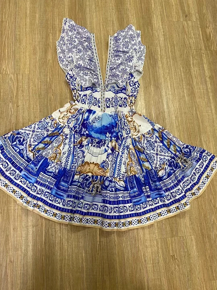 الرجعية الراقية الخامس الرقبة تكدرت تحلق الأكمام تنورة الصيف المرأة الجديدة الخصر حزام نحيف عارية الذراعين المطبوعة عطلة نمط اللباس