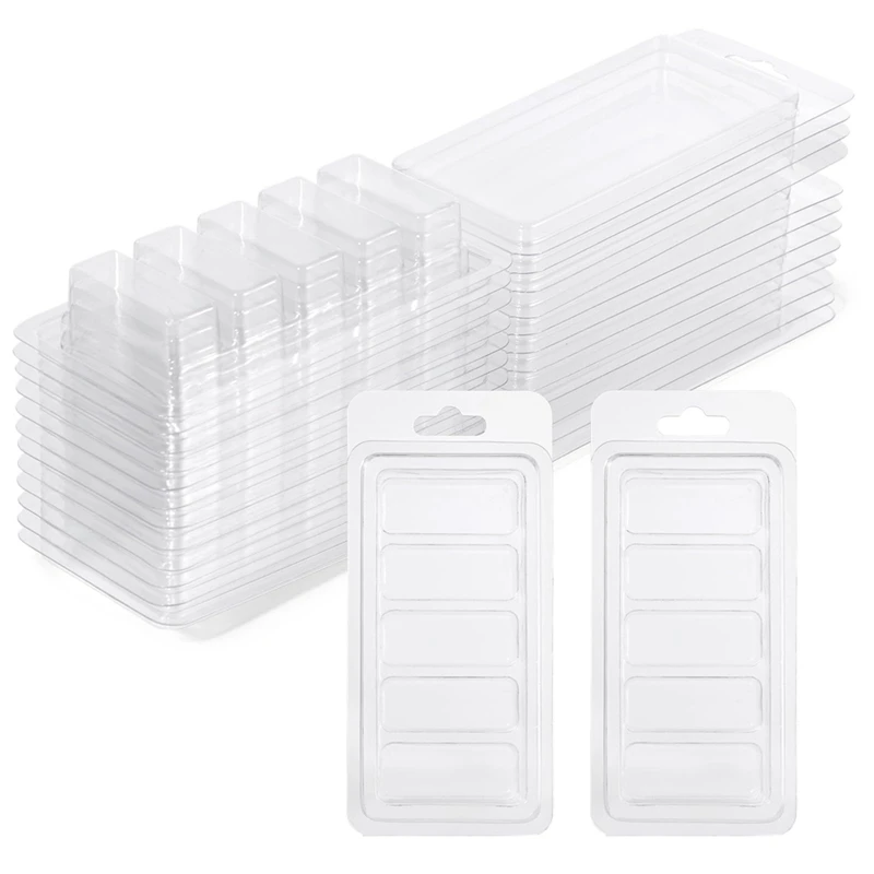 50 Pcs Wax Melt Containers, 5-Cavity Wax Melt Clamshell Molds,Clear Empty Plastic Wax Melt Mold For DIY Candles Making Durable