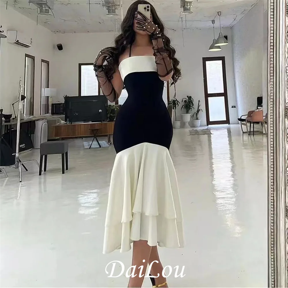 

White and Black Prom Dresses Mermaid Saudi Arabia Tiered Ruffles Tea Length Party Dress Satin Formal Gown Vestidos De Fiesta