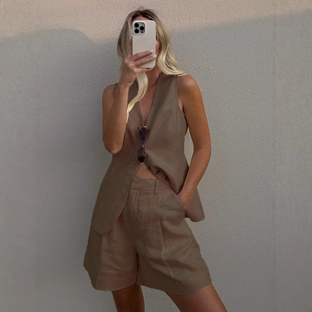 Women's Summer Linen Cotton Sleeveless Shorts Set – Elegant 2 Piece Matching Outfit Two Piece Set Woman Capri Length Patchwork