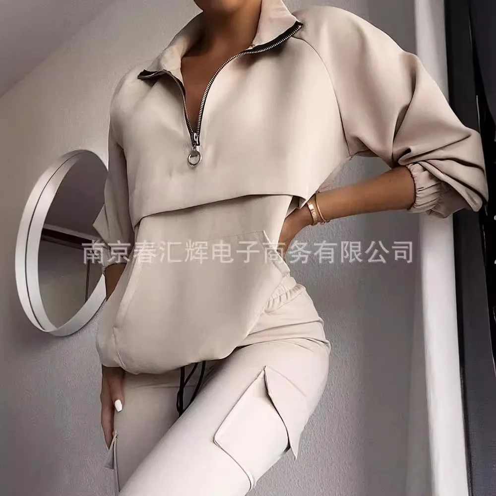 

Women 2pcs Sports Clothes Set Solid Color Long Sleeve Zipper Sweatshirt & Elastic High Waist Pants Multi-pockets