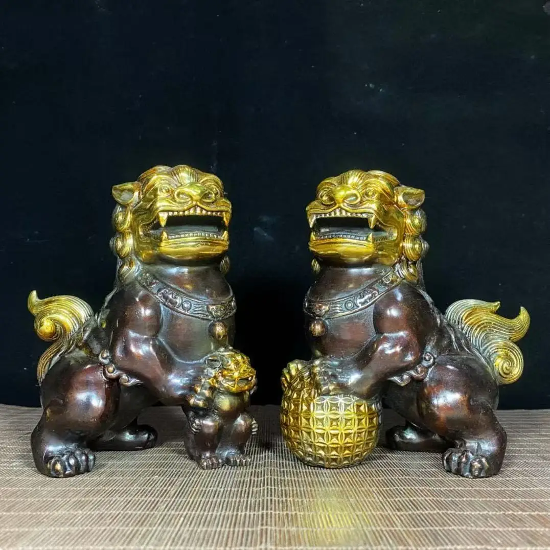Chinese Bronze Guardian Foo Fu Dog Phylactery Door Lion Ball Kid Pair Statue,#02
