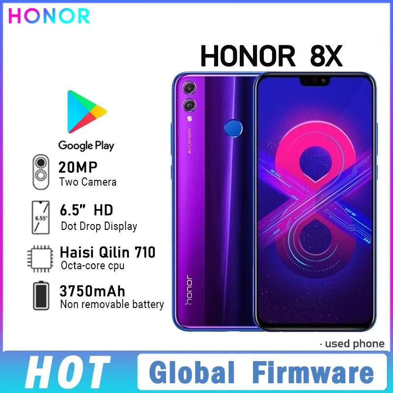 HONOR 8X Smartphone Global firmware CPU Haisi Qilin 710 3750mAh rear camera 20MP RAM 6GB ROM 128GB used phone