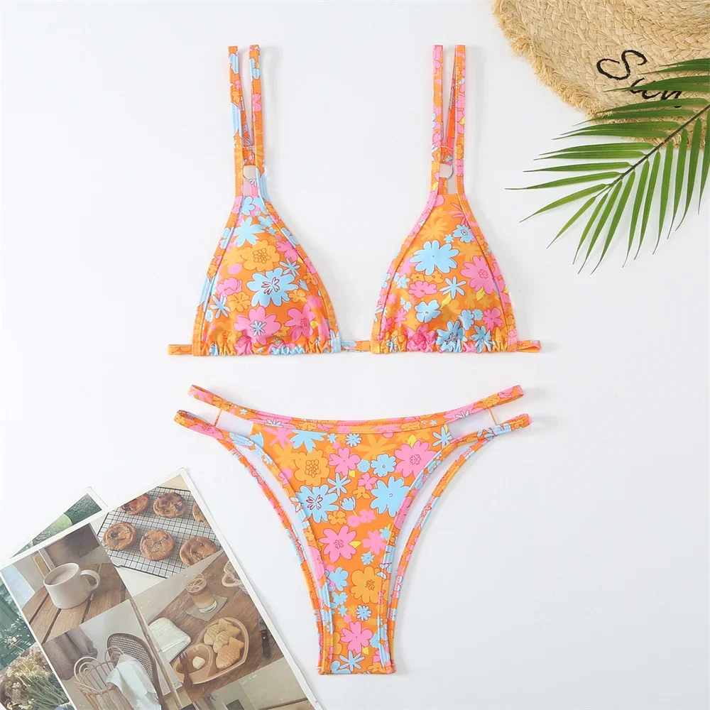 Retro Floral Bikini Tropical Print Swimsuit Double String Backless Bikinis Thong Y2K Swimwear Women Brazilian Beach Bathing Suit