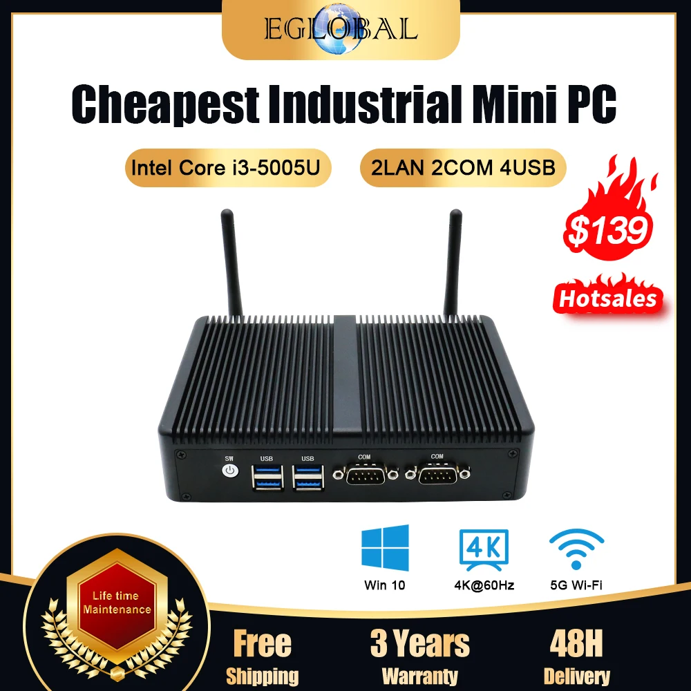 

Eglobal Cheapest Fanless Industrial Computer with Intel Core i3-5005U i5-4200U Mini Pc 2RS232 Com 2 LANS Mini Desktop