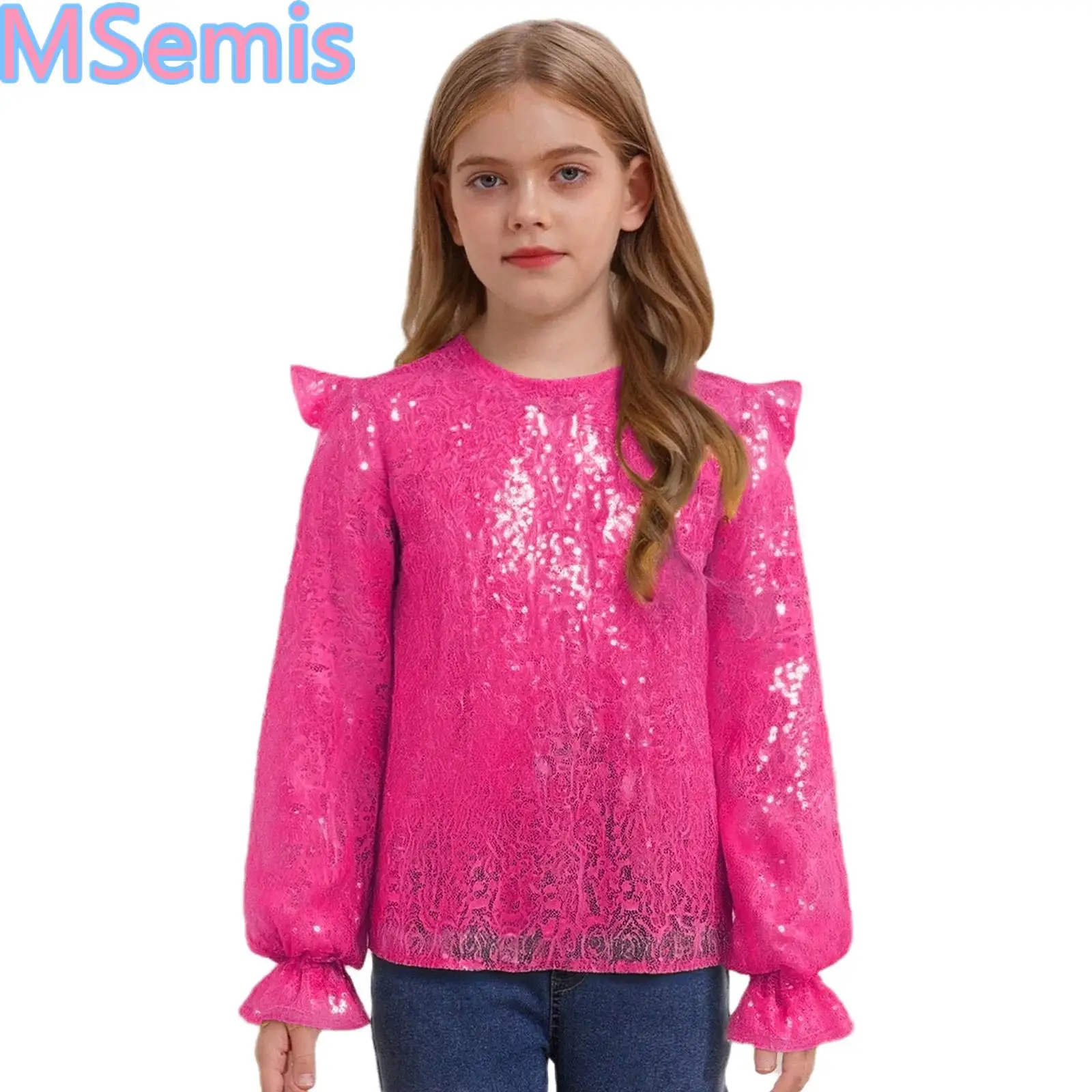 

Kids Girls Ruffled Tops Sparkling Sequins Pullover Top Long Sleeves Glittery Blouse for Birthday Party Stage Performance