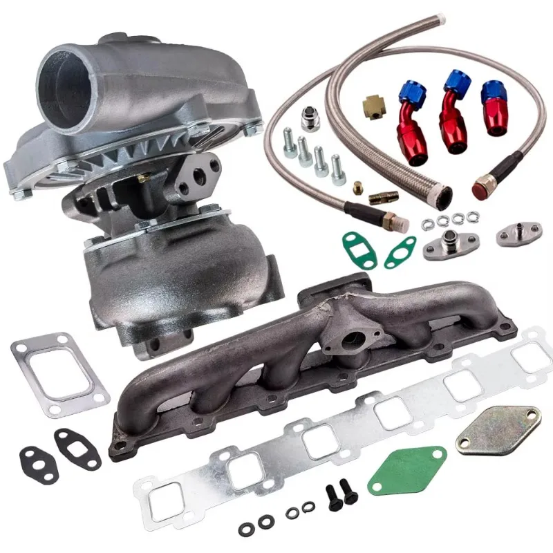 MaXpeedingrods T04E T3/T4.63 A/R 57 TRIM TURBO BOOST STAGE III + Línea de aceite + Kits de colector para Nissan Patrol Safari Y60