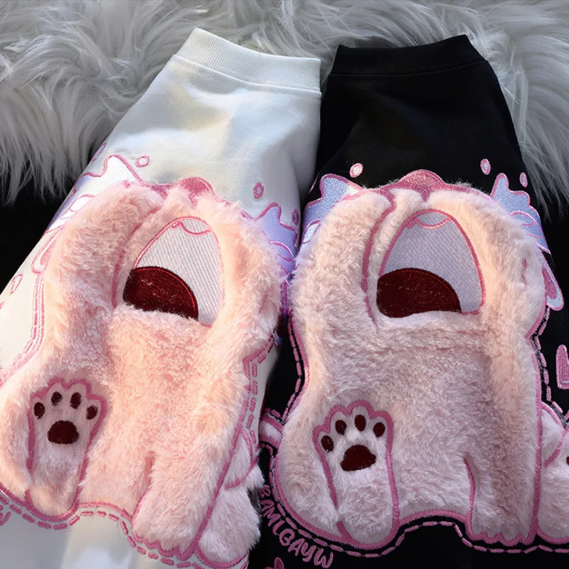 Damska koszulka z krótkim rękawem Summer Cute Style Couple Match Top Kawaii Tees Shirt Furry Cry Cat Cartoon Flocked Embroidery Loose Short Sleeve T-shirt