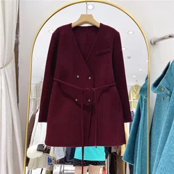 SuperAen Korean V-neck Double-sided Cashmere Coat Women's 2024 New Fashion Wool Coat