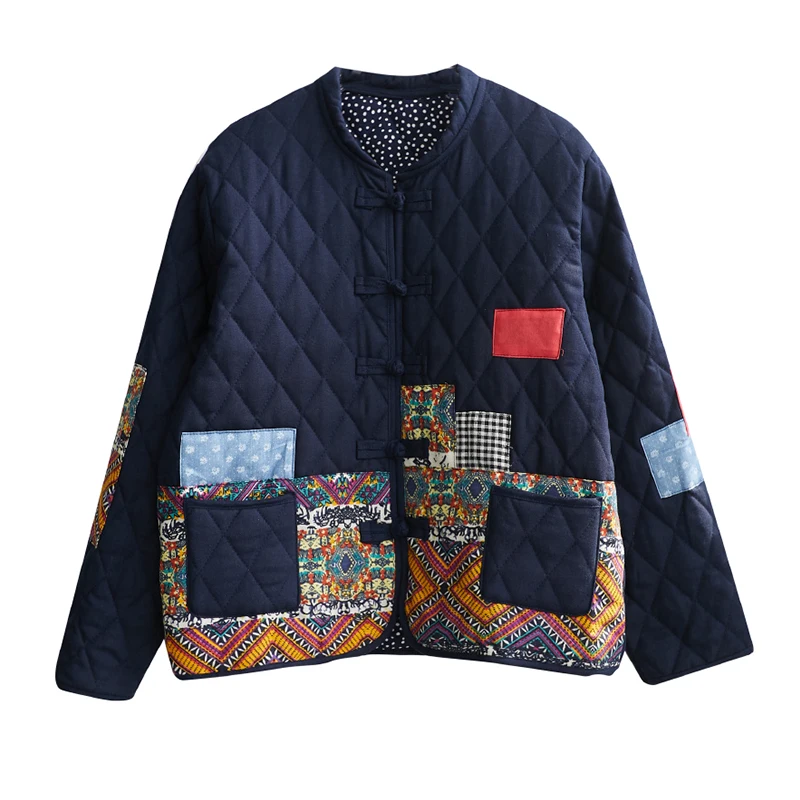 Ethnic style Retro patch disc button Cotton Coats Women Winter Quilted Short Cotton Jackets Loose Casual Cotton Outerwear bd320