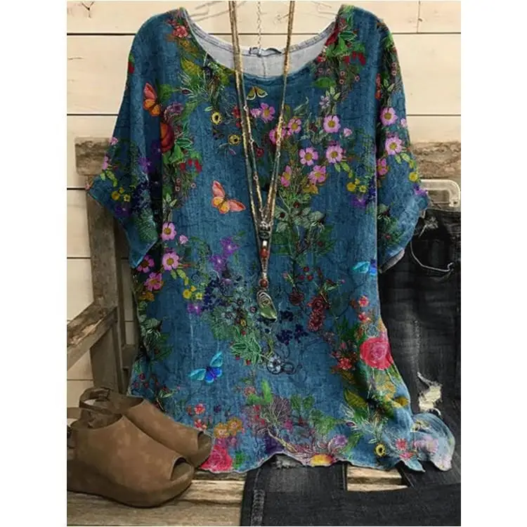 

Spring Summer New Loose Cotton Linen Women's T-irt round Ne ort Sve Casual Sle Faionable Print Busin Wear