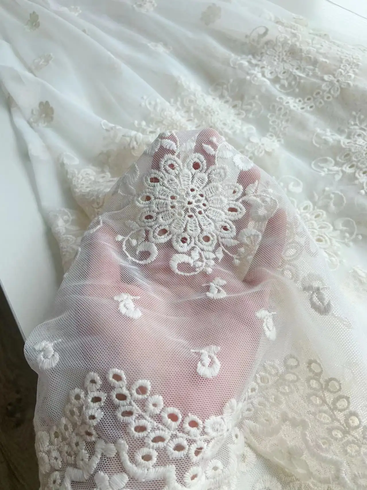 1 Yard Ivory Embroidery Flowers Tulle Lace Fabric Hollowed Out Netting for Bodice Sewing,Cloth  Accessories,Wedding Supplies