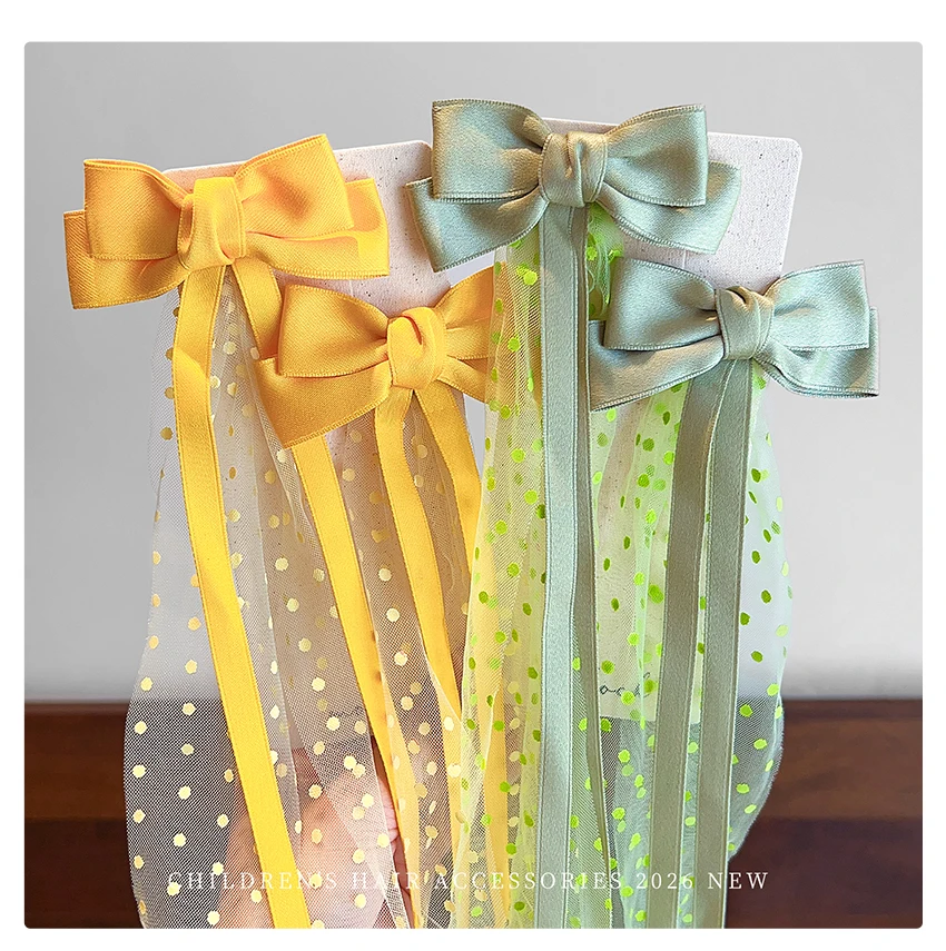 Neue Modische Kinder-Haarspange mit Schleife, Mädchen-Haarspangen aus langem Tüll, gepunktete Netz-Prinzessinnen-Haarspangen, Party-Haaraccessoires – Detail 3
