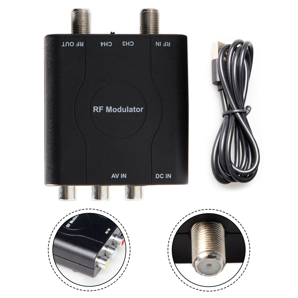 

Audio And Video RF Output HD Video Output 62 * 63 * 25mm AV To RF Converter Adjustable Output Channel Portable RF Converter