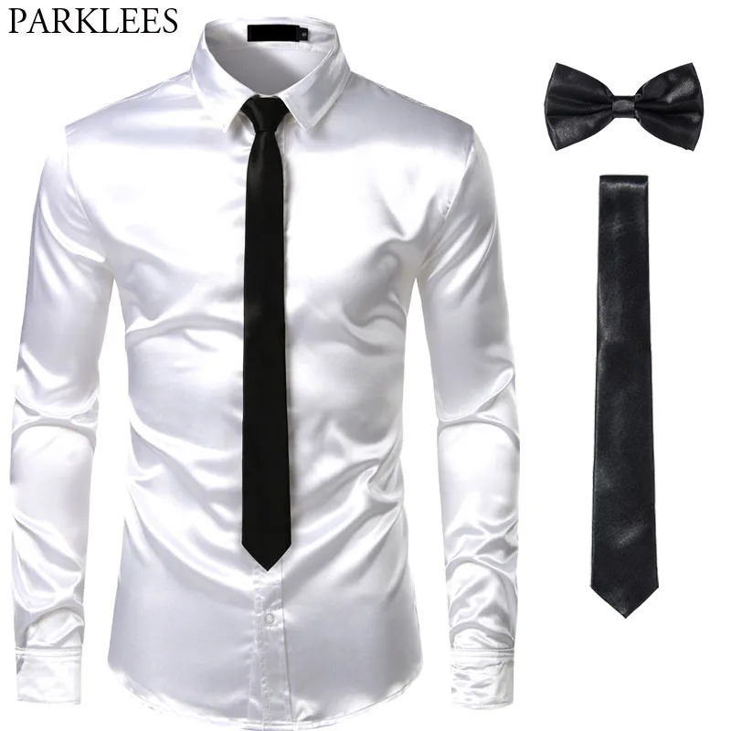 Camicie eleganti in seta da uomo nere 3 pezzi (camicia + cravatta + papillon) camicia in raso liscio da uomo Slim Fit Party Prom camicie Casual da