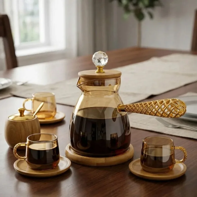 Heat-resistant Turkish Coffee Pot  with Base High Borosilicate Glass Coffee Pot Transparent Hollowed Handle