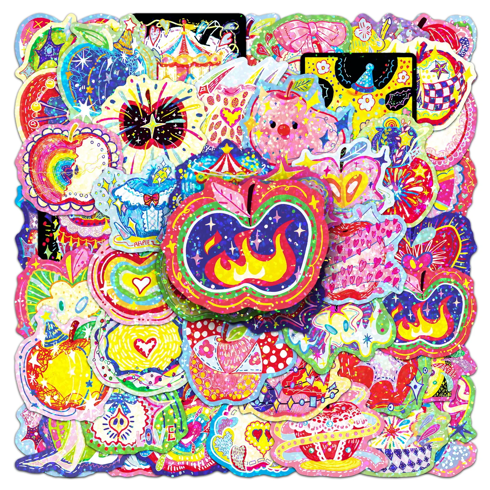 

50-Pack Sparkling Laser Cutout Apple Stickers Colorful Creative Waterproof Decoration for Phones Computers Student Stationery