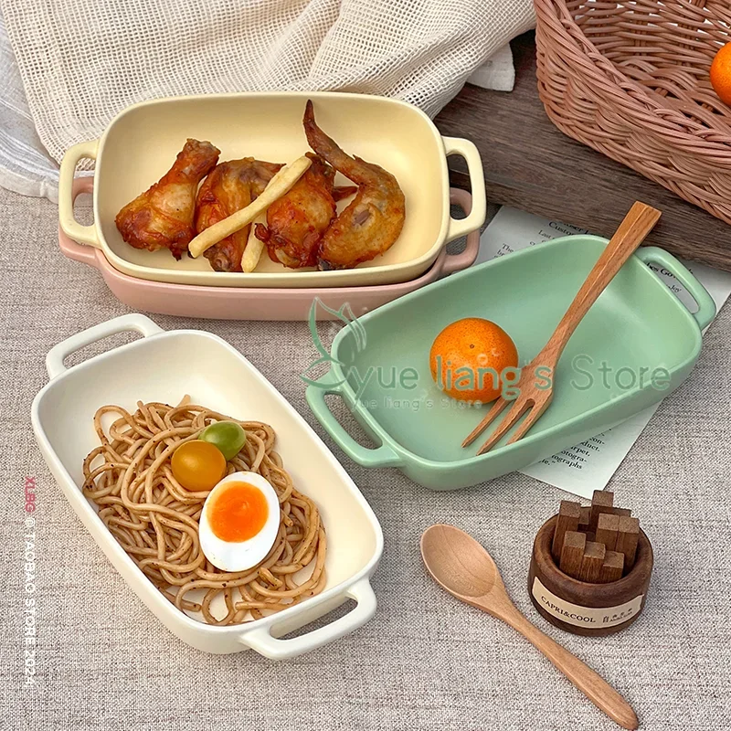 Cream Colored Baking Tray, Ceramic Simple Rectangular Plate, Household Oven Specific Baking Plate, Bowl and Tableware