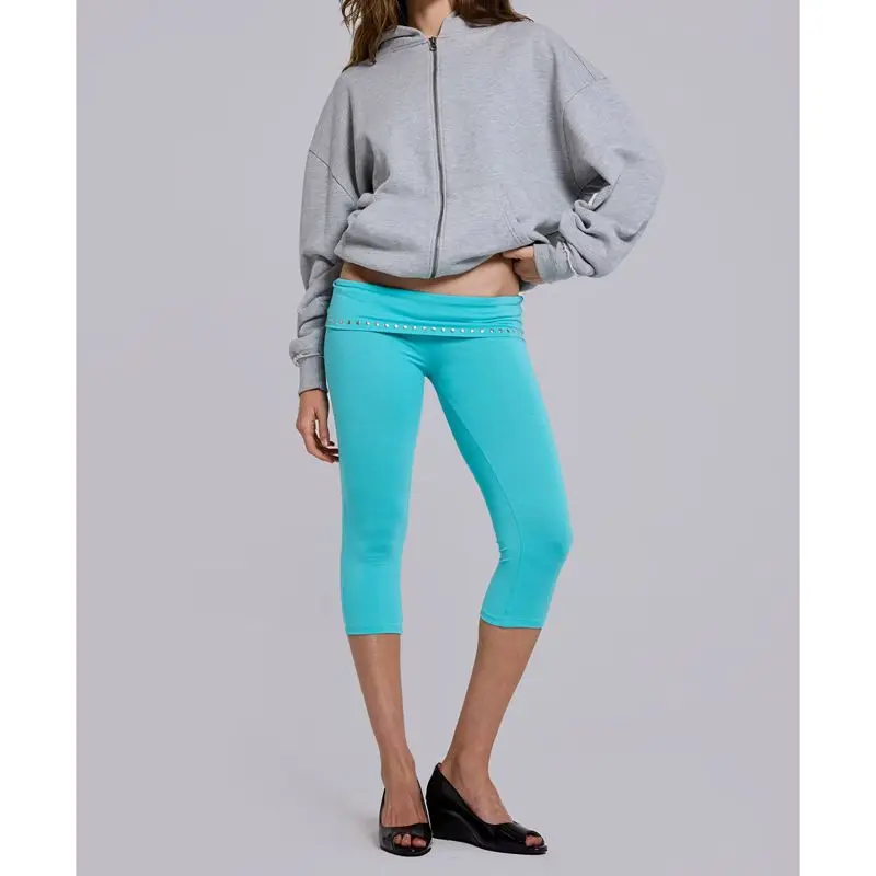 Women's Studded Fold Over Waist Capri Leggings, Stretchy Slim Fit Y2K Casual Daily Loungewear Streetwear Going Out Cropped Pants