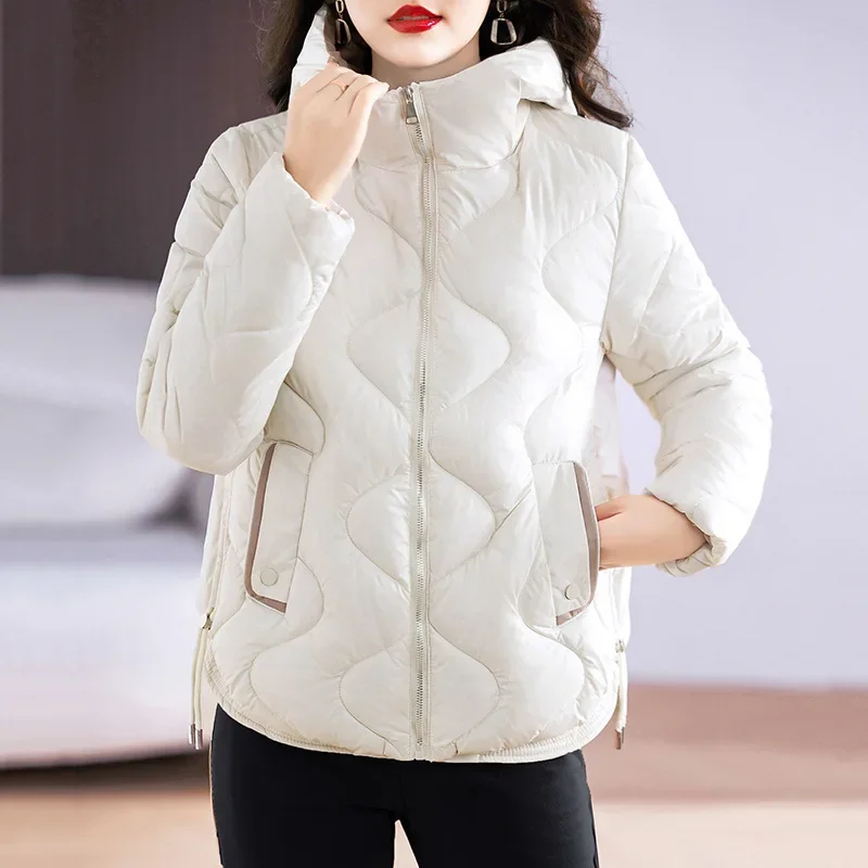 Autumn Winter Solid Women Short Jackets Loose Hooded Wave Quilted Padded Zipper Pockets Drawstring Hem Warm Fashion Outfit 2