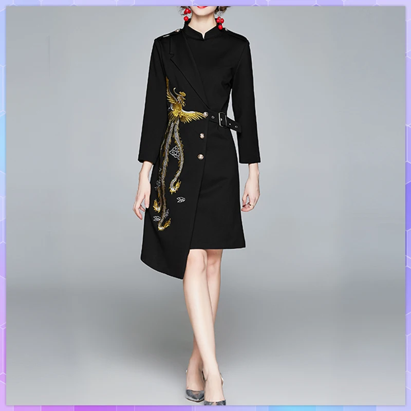 Spring Autumn Embroidery Women's Dress Stand Collar Elegant Asymmetrical Female Dresses For Lady Vestidos Para Mujer платье