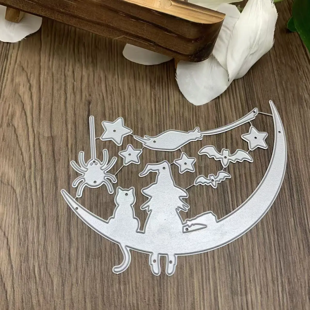 Halloween Crescent Moon Witch Cat Spider Bat Scene Metal Cutting Dies Holiday Theme DIY Scrapbooking Card Making Dies