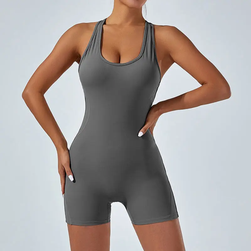 High-Waist Yoga Suit with Chest Pad Backless Fitness Training One-Piece Slimming Sexy Short Pants Polyester Spring 2025