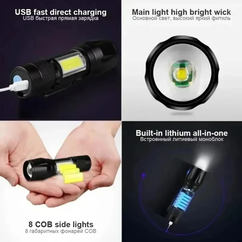 مصباح يدوي LED محمول قابل لإعادة الشحن مع مشبك قلم، شعلة مقاومة للماء قابلة للتكبير مع ضوء جانبي، فانوس طوارئ للتخييم في الهواء الطلق