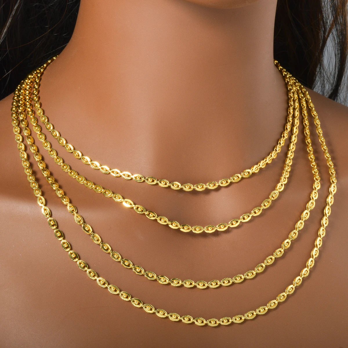 24K Gold Plated Oval Link Chain Necklace Women Thin Waterproof Non Fade Choker African Dubai Daily Wedding Party Jewelry Gift