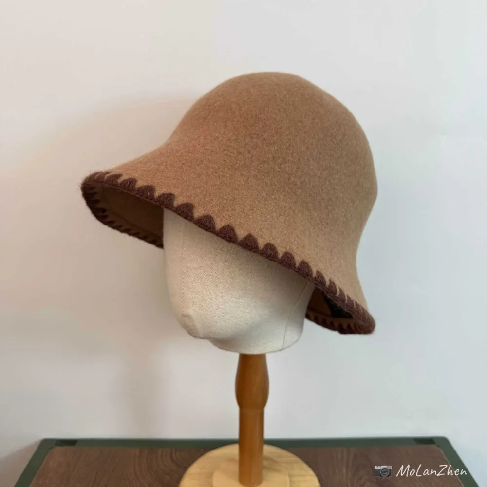 

Шерстяная панама премиум-класса Maillard, элегантный французский винтажный дизайн с кружевной строчкой, подчеркивающая лицо круглая купольная шляпа