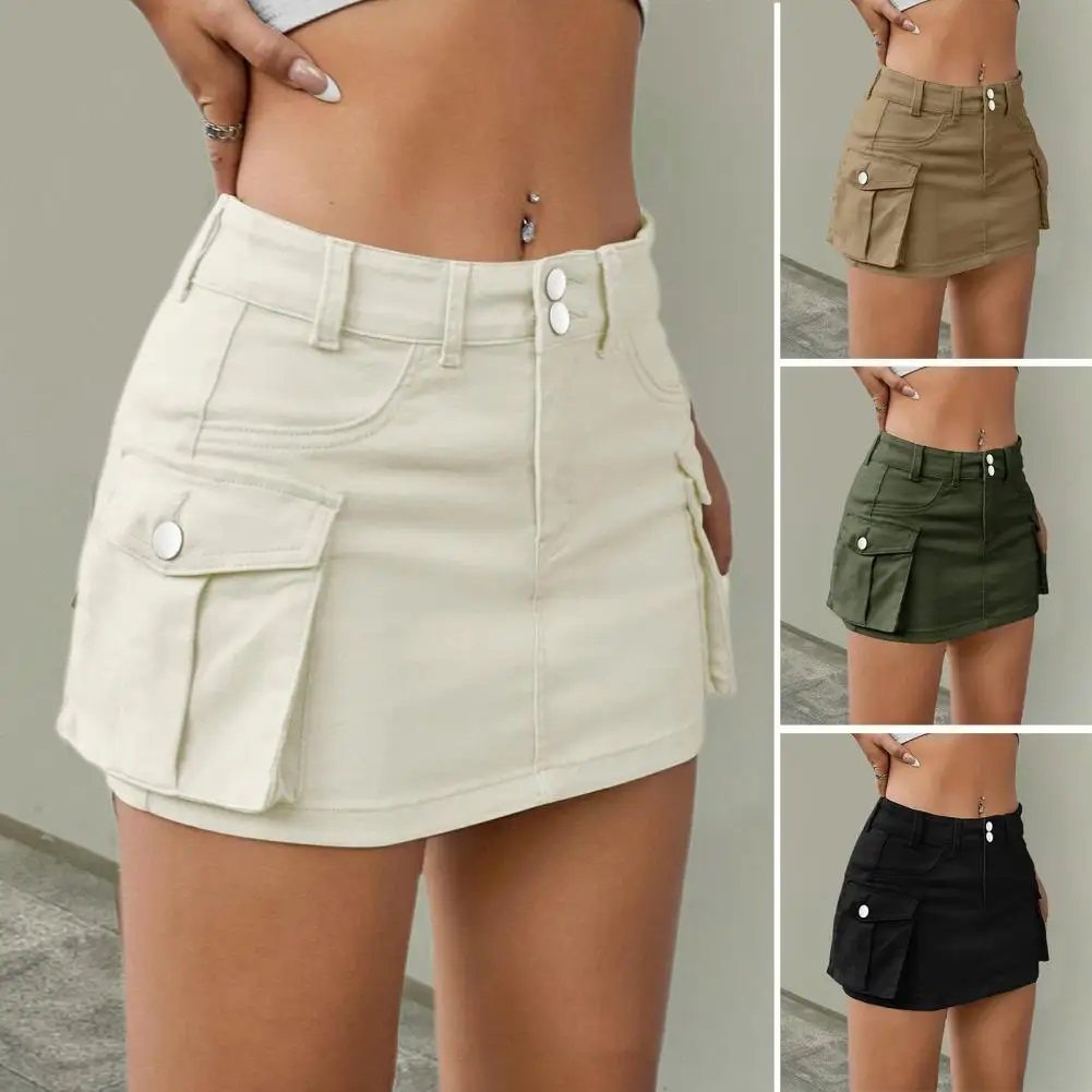 Women Mini Denim Skirt Low Waist Cargo Skirt With Pocket Solid Color Button Zipper Fly Short Skirt Streetwear