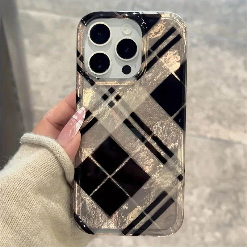 Perforated Swirl Shell IND Black Coffee Checkered Phone Case For iPhone 11 12 13 14 15 16 Pro Max SE XR X XS 7 8 Plus Soft Cover