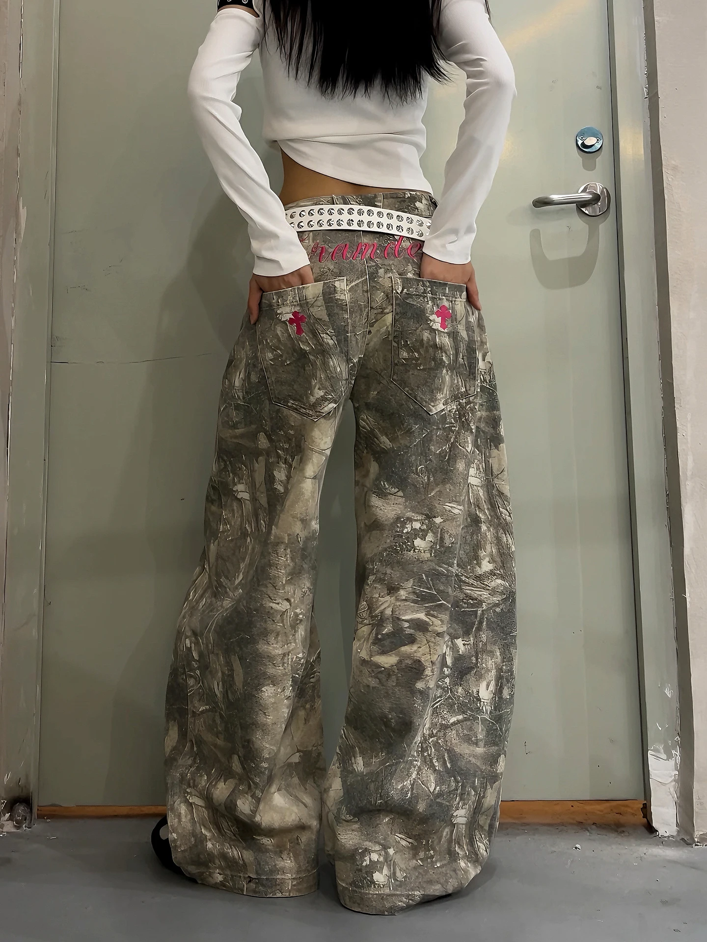 

DoubleD American Street Sle Waed Camouflage Embroidery Men's Wide Leg Jeans l Waist Cotton Casual Comfortable