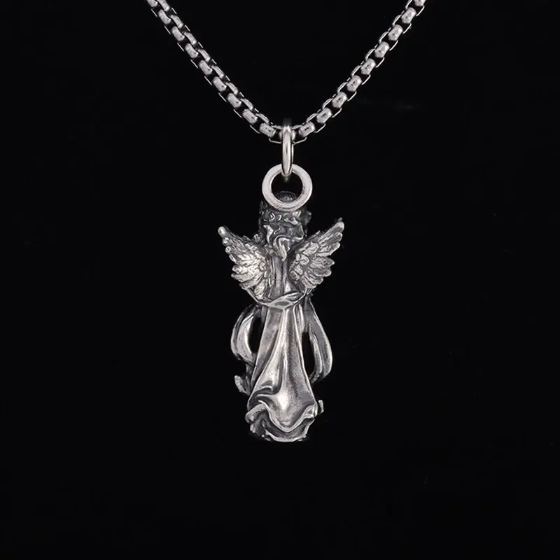 Vintage Silver Color Praying Hands Guardian Angel Wings Protection Pendant Necklace Unisex Amulet Jewelry Gift