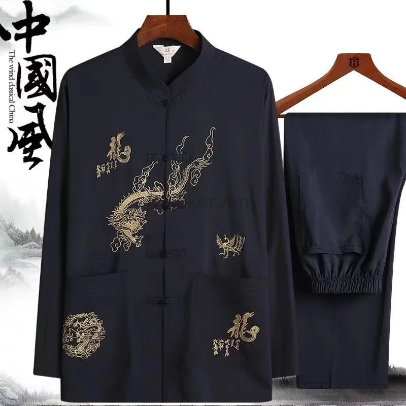 خمر التنين تانغ دعوى الرجال Hanfu الملابس الصينية التقليدية الكونغ فو قميص موحد معطف بأكمام طويلة بلوزات وسراويل #2