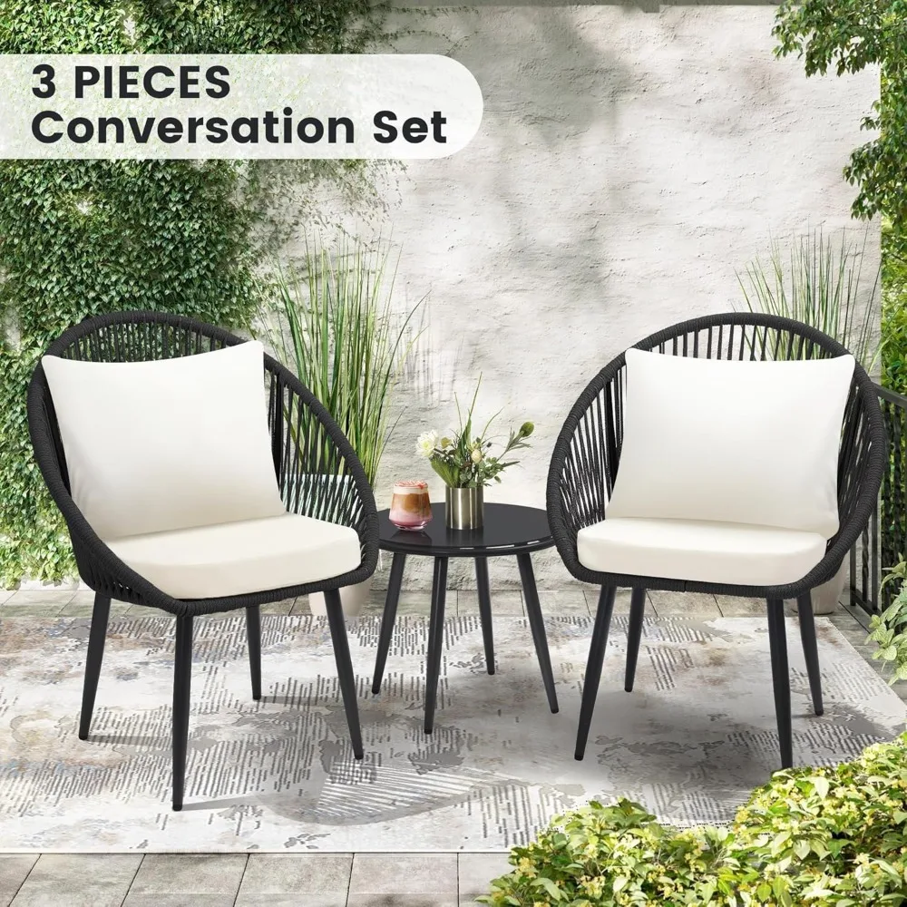 3 Pieces Bistro Set, All Weather Patio Conversation Set and Side Table, Ideal for Deck, Balcony, Poolside, Black