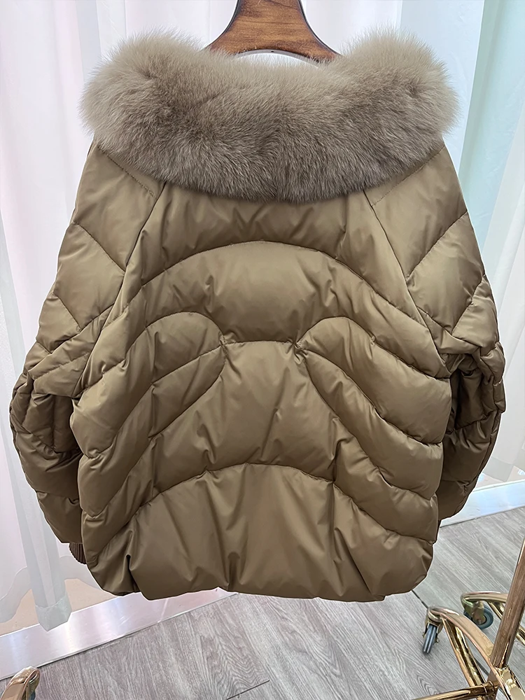 Cappotto da donna invernale alla moda Piumino spesso in piuma d'oca bianca da donna con collo in vera pelliccia di volpe femminile caldo streetwear