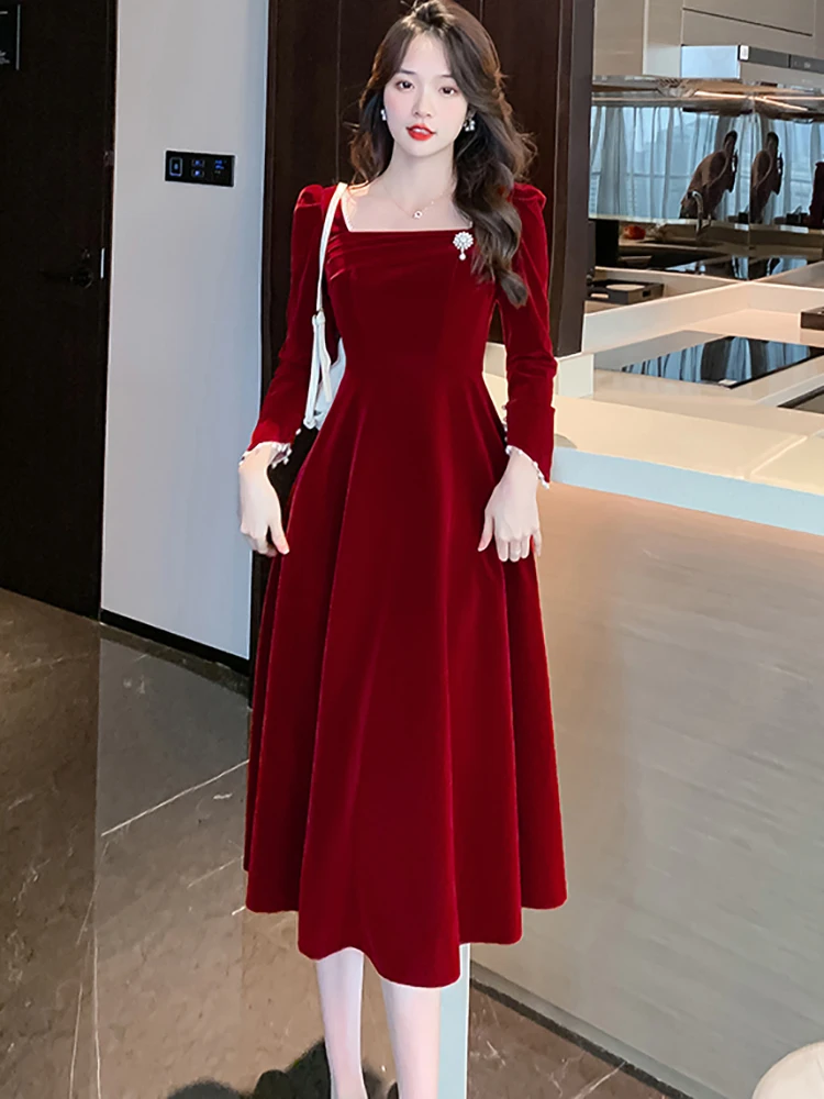 Autumn Winter Red Velvet Beading Sexy Midi Dress Women Chic Prom Luxury Party Evening Vestidos 2024 Korean Elegant Wedding Dress