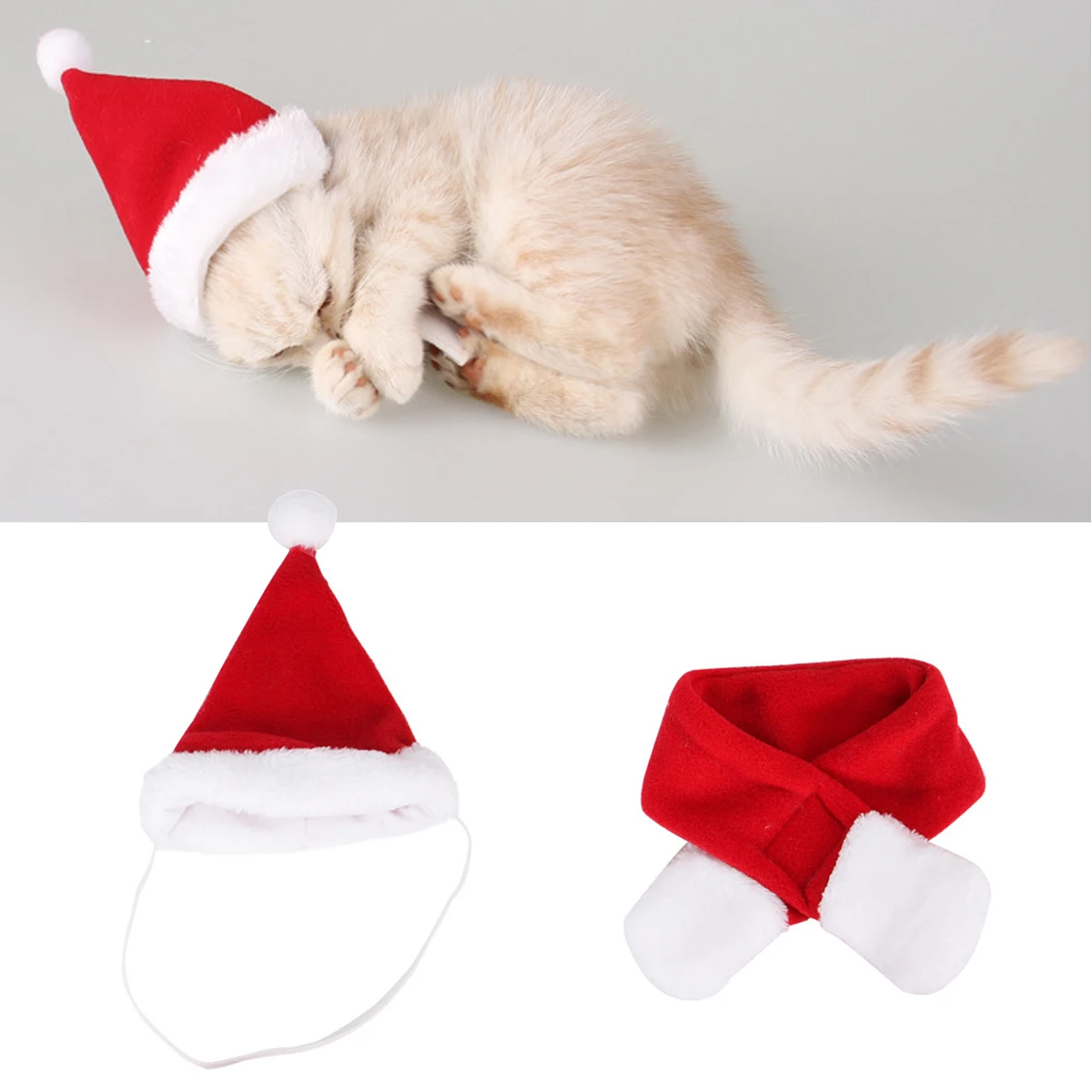 Christmas Cat and Dog Headwear Hat Pet Santa Hat and Scarf Cat, Dog, Puppy Christmas Decoration Outfit Scarf Set