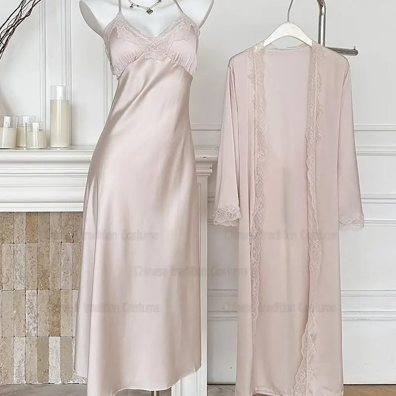 

Длинный винтажный халат в дворцовом стиле, комплект из 2 предметов, ночная рубашка, кимоно, халат, костюм, женская атласная одежда для сна, сексуальное кружевное белье, домашняя одежда