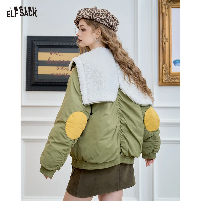 ELFSACK 2024 Winter New Arrivals Preppy style lapel green warm thickened coat for women plush design fashionable warm coat