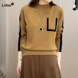 Moda coreana contrasto colore corto lavorato a maglia top autunno inverno abbigliamento donna elegante pendolare girocollo manica lunga maglioni