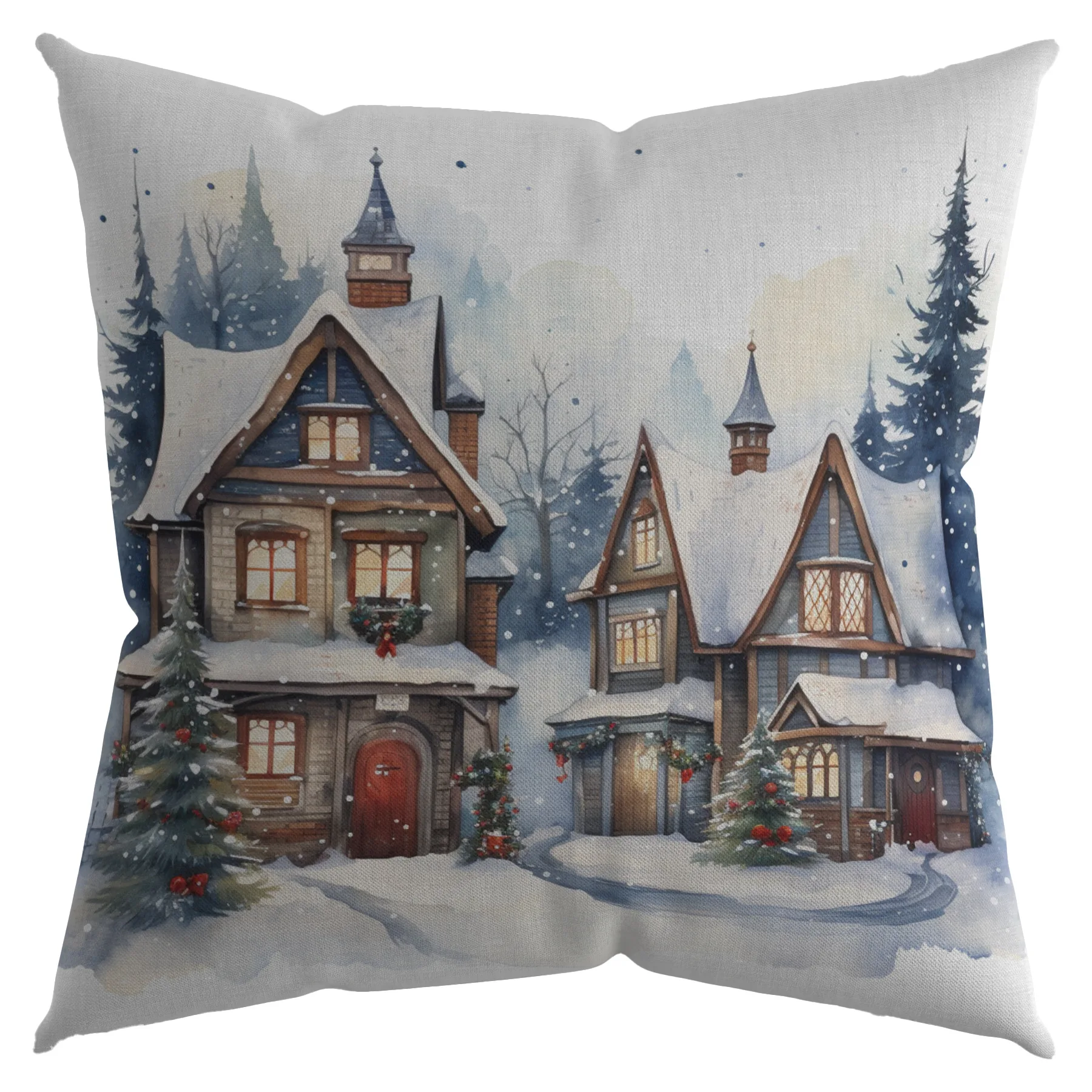 Christmas pillowcase watercolor elk snowman  tree fireplace printed  sofa cushion cover room home decoration