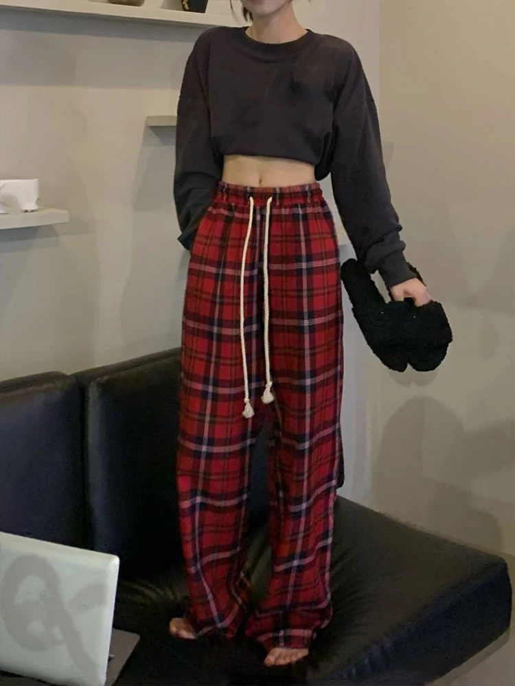 Summer Loose Striped Casual Straight Pant Perppy Drawstring Pockets Pants Women Korean Basic Office Spring Normcore Trousers