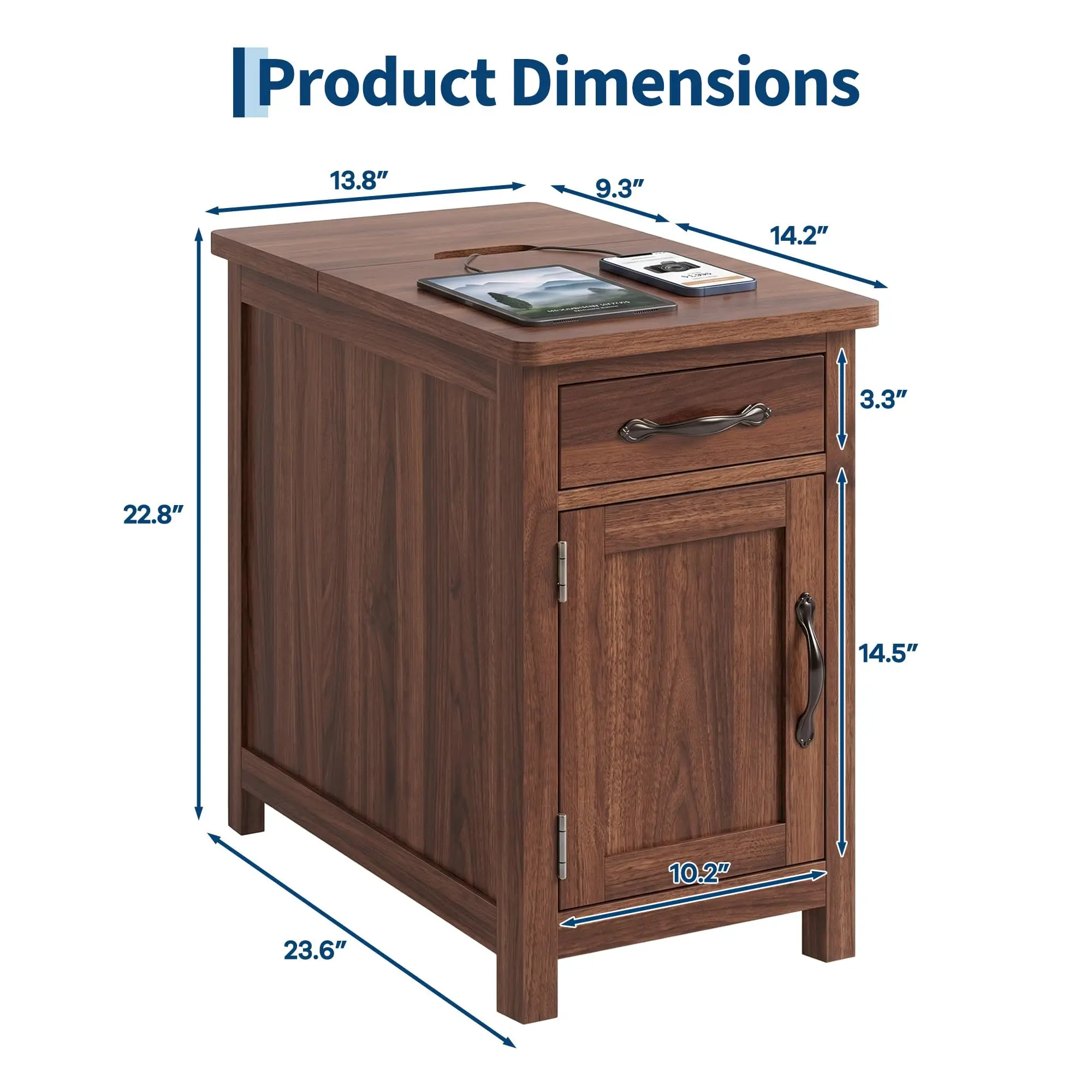 Farmhouse End Table With Charging Station, Flip Top 2 Outlets 2 Usb Ports, Drawer Cabinet, Adjustable Shelf, Nightstand Sofa Side