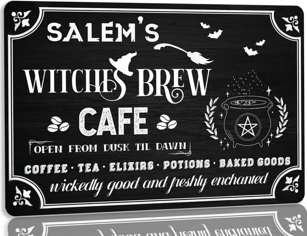 Salems Witches Brew Cafe Metallblechschild, lustige Vintage-Hexe, Küchendekoration, Kaffee für Zuhause, Bauernhaus, Halloween, Party, Wandkunst