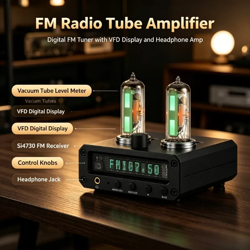 Magic‑Eye Tube Headphone Amplifier, Si4730 FM Tuner VFD Clock Audio Level Meter Hi‑Fi Player