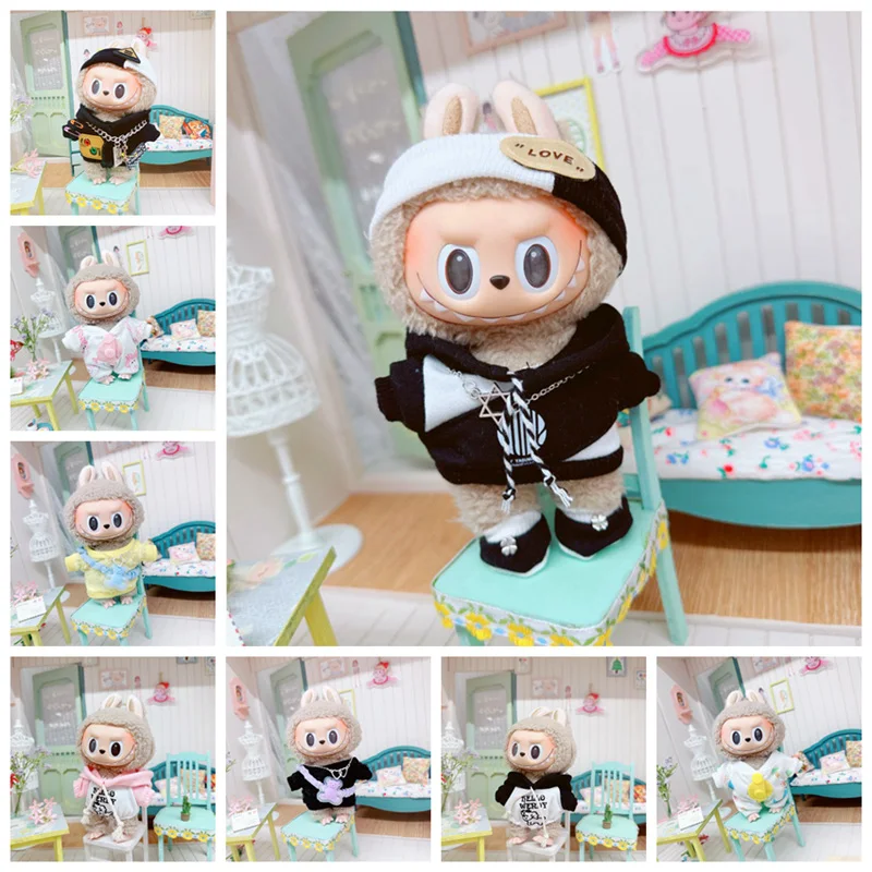 17cm Cute Mini Plush Doll'S Clothes Outfit Accessories For Korea Kpop Exo Labubu Idol Dolls Hoodie overalls Clothing DIY Kid Gif